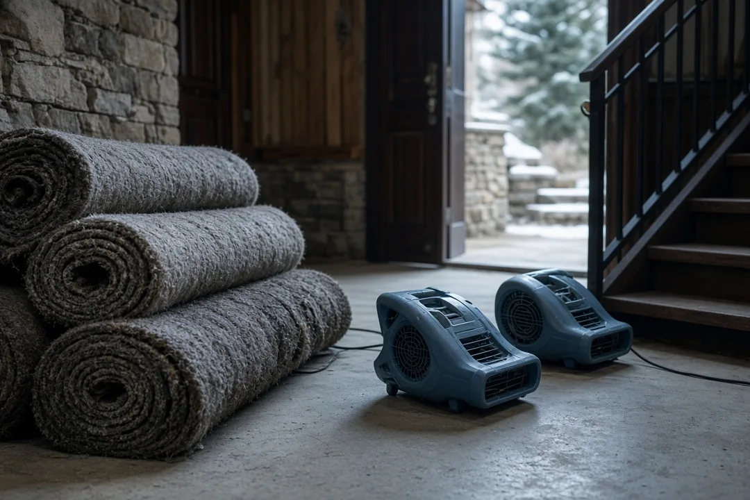 Wet carpet and padding rolled up beside a basement stairway with fans running